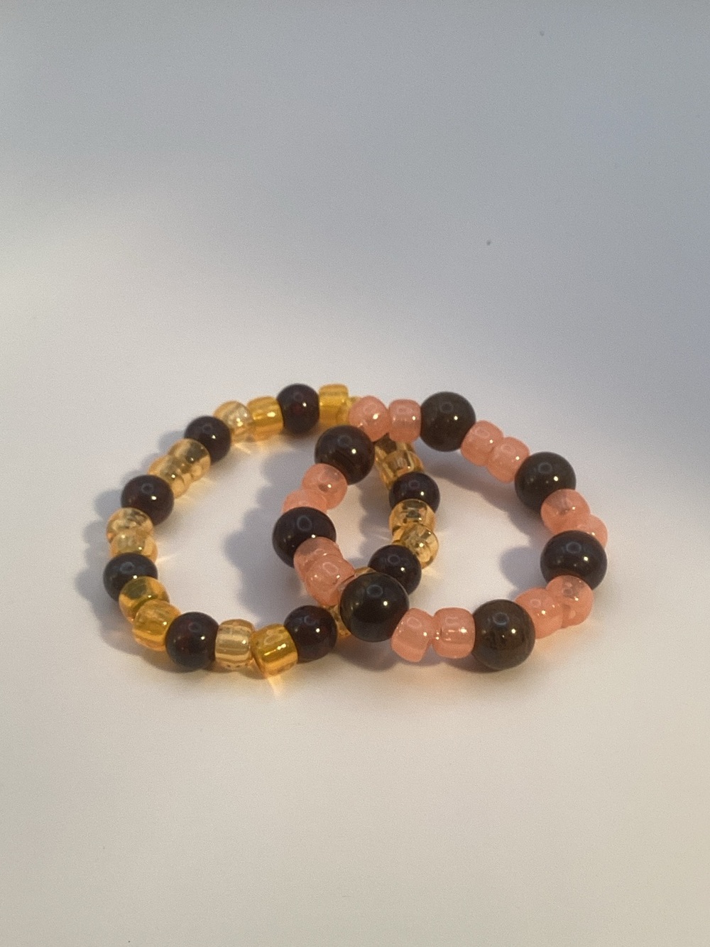 Handmade Pink, Yellow & Dark Brown Beaded Stretch Bracelet Set
